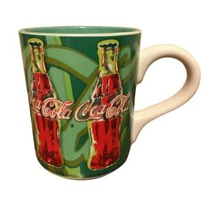 Rare 1996 Coca Cola Coffee Mug Ceramic Green Red Coke Bottles Pattern Gibson